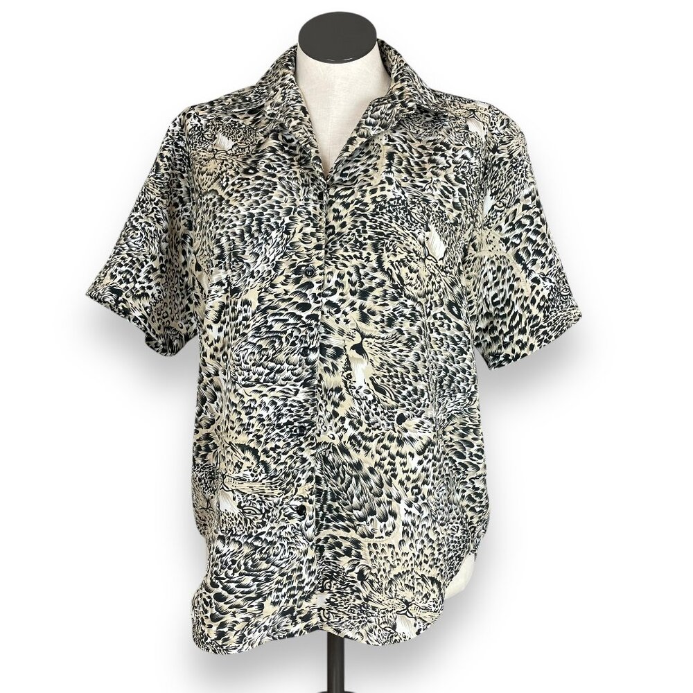Vintage Leopard Print Blouse Faces Animal Jungle Top Shirt Women Black Tan White